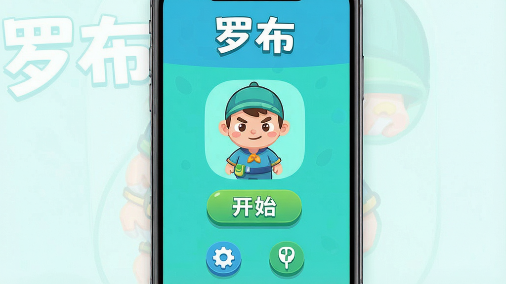 一张手机屏幕正面展示图,画面中央是「罗布」游戏主界面,布局简洁,顶部显示游戏名称「罗布」,中间是卡通风格的游戏角色和开始按钮,底部有设置与帮助图标,整体采用明亮清新的蓝绿配色,扁平化设计风格,细节干净利落,无多余装饰元素,画质清晰,适合作为软件下载站预览图