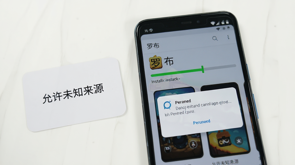 一部安卓手机屏幕显示「罗布」游戏安装界面,画面中有安装进度条和权限提示弹窗,旁边放置一张提示卡片写着「允许未知来源」,整体布局清晰,风格简洁,光线明亮,画质干净,无多余元素