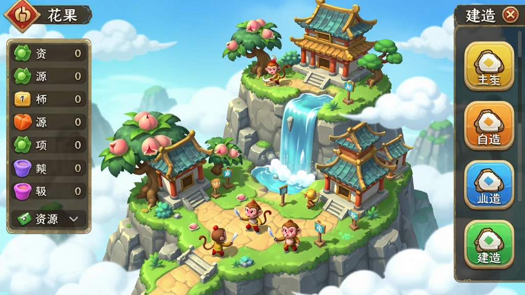 猴王大圣模拟器中的花果山经营界面,主体为层叠而建的仙山建筑群与忙碌的猴兵,布局采用俯视视角,排版左侧为资源栏右侧为建造按钮,风格为清新国风卡通,细节包含仙桃树、瀑布与云雾,画质明亮,干净无多余元素