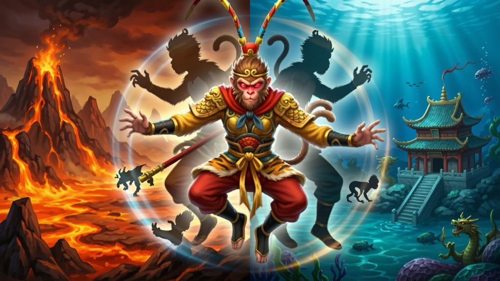 猴王大圣模拟器游戏画面中孙悟空正在施展七十二变,主体为半透明变身特效环绕的猴王,背景左侧为火焰山场景,右侧为深海龙宫场景,布局采用左右分屏对比,风格为东方神话奇幻,细节包含变身光效与形态剪影,画质高清,干净无多余元素