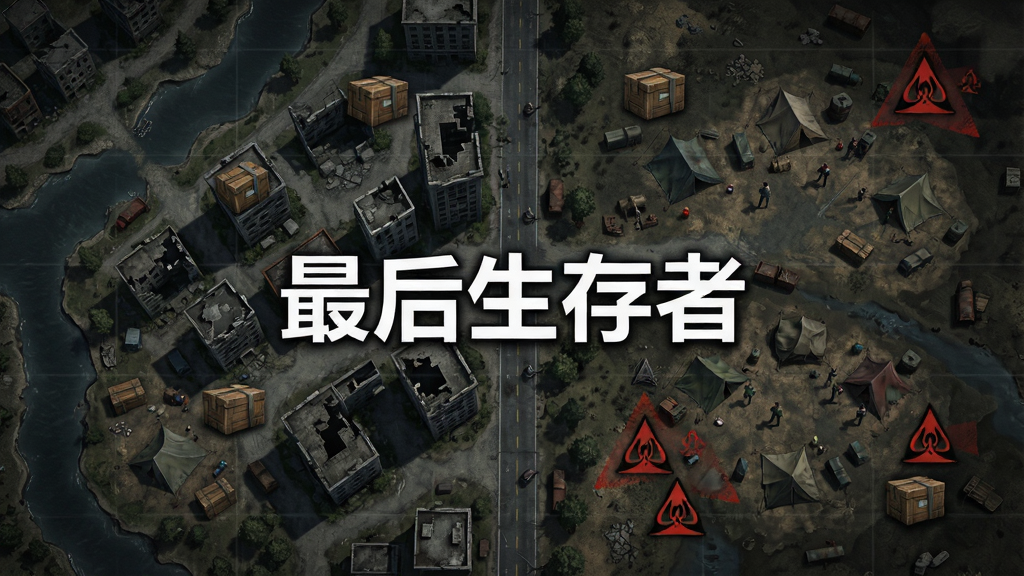 开放世界末日地图俯瞰视角,画面展示废弃城市与荒野交界的广阔区域,有河流、公路、破败建筑群和零星的幸存者营地,画面中央用白色字体标注