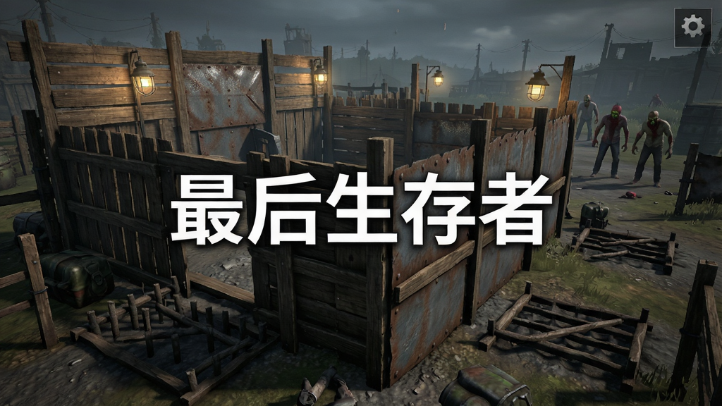 末日生存游戏基地建造界面,画面展示一个由木板和金属板搭建的防御工事,周围有陷阱和照明灯,远处有感染者靠近,画面中央用白色字体写着
