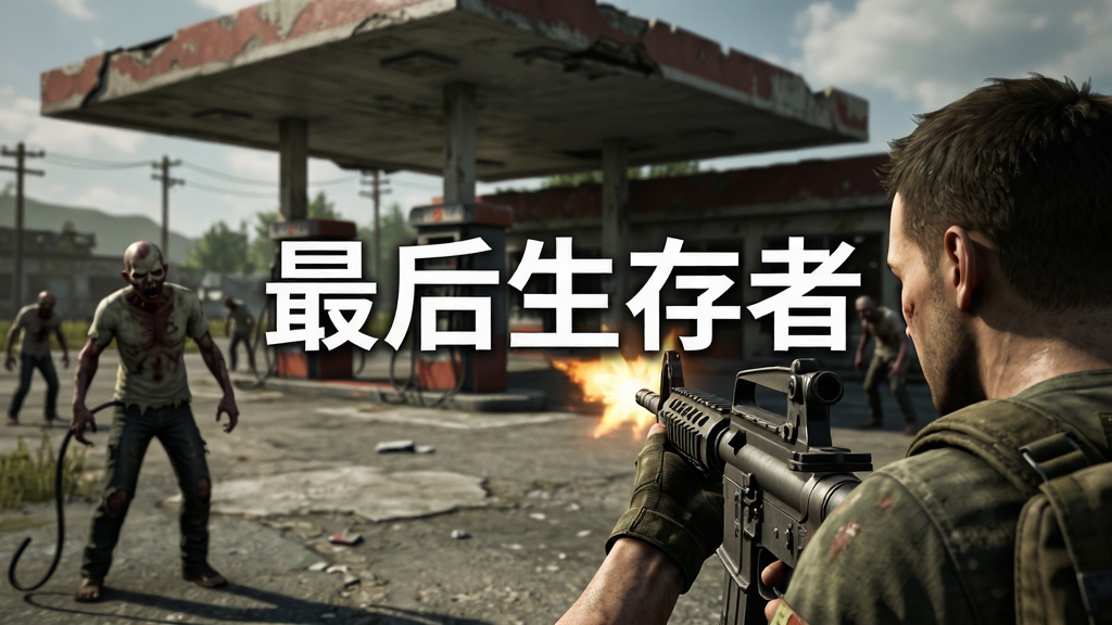 末日射击游戏战斗场景,画面中幸存者手持步枪瞄准前方感染者,背景是废弃加油站,画面中央用白色字体标注