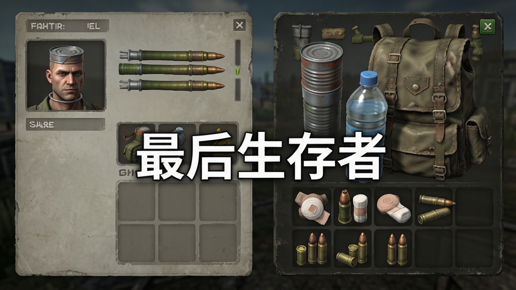 生存游戏角色状态界面,画面展示角色面板与背包格子,背包中有罐头、水瓶、绷带和子弹等物资,画面中央用白色字体写着
