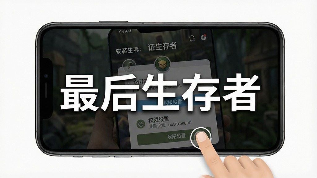 手机游戏安装教程示意图,画面展示一部智能手机屏幕,屏幕上显示最后生存者安装界面与权限设置选项,旁边有手指点击操作的示意,画面中央用白色字体标注