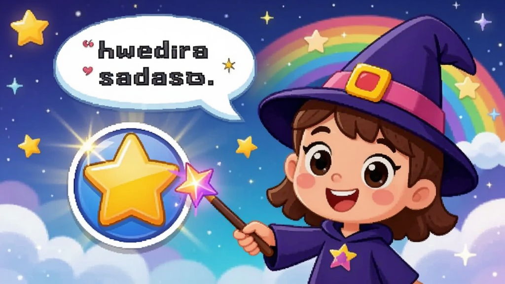 一幅卡通风格的小魔女手持魔法棒指向屏幕上的星星奖励图标,旁边有对话气泡显示鼓励文字,背景是梦幻的星空和彩虹,画面色彩鲜艳,角色表情开心,整体风格为儿童绘本插画风,画面干净整洁,高清画质,适合作为软件引导功能展示图