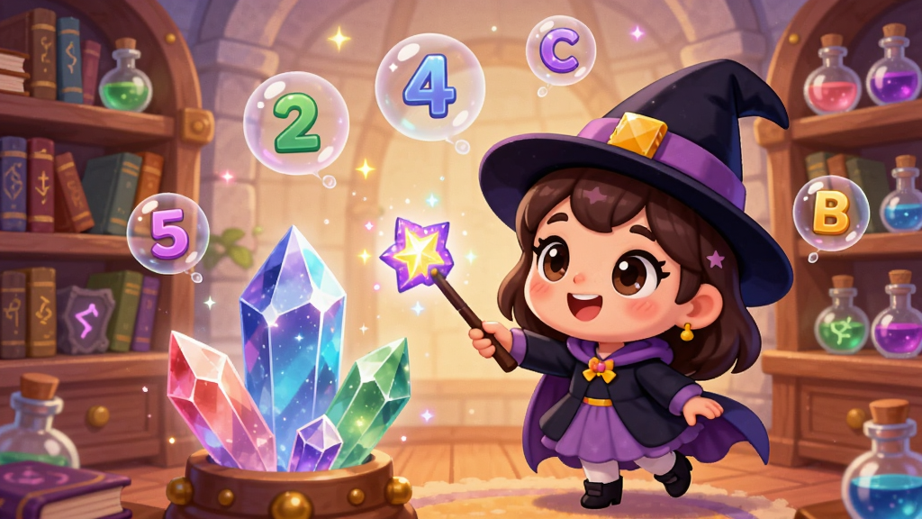 一幅儿童插画风格的魔法城堡内部场景,画面中有可爱的卡通小魔女正在用魔杖点亮彩色魔法水晶,周围有漂浮的数字和字母气泡,背景是温馨的魔法书房,书架上摆满魔法书和药水瓶,整体色调温暖明亮,画面干净无杂乱元素,高清画质,适合作为软件功能展示图
