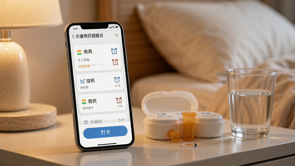 手机界面展示亦康用药提醒设置页面,屏幕上有多个药品名称卡片和闹钟图标,下方有打卡按钮,手机放置在床头柜上,旁边有一个药盒和水杯,背景为温馨的卧室环境,光线柔和,风格生活化写实,细节清晰展示界面元素,画质高清干净无多余元素