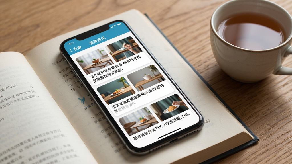 手机屏幕展示亦康应用的健康资讯列表页面,页面上有多篇图文文章卡片,每张卡片配有缩略图和标题,手机放在一本翻开的书上,旁边有一杯茶,背景为木质桌面,风格安静舒适,细节清晰展示文章标题与配图,画质高清干净无多余元素