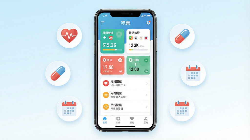 一张展示移动健康管理应用主界面的场景图,画面中央是一部竖屏智能手机,屏幕显示亦康应用首页,包含健康数据卡片、用药提醒列表和底部导航栏,手机周围环绕简洁的医疗图标如心率、药丸、日历等元素,背景为浅蓝与白色渐变,整体布局居中对称,风格清新简约现代,细节清晰展示图标与文字排版,画质高清干净无多余元素