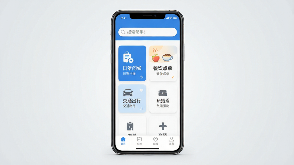 一张展示粤语帮手软件主页界面的手机样机图,画面中央是手机屏幕,屏幕上显示粤语帮手应用的主页,顶部有搜索框,中间分类卡片整齐排列,包含日常问候、餐饮点单、交通出行等图标,底部导航栏清晰可见,整体采用简洁清爽的蓝白配色,背景为浅灰色渐变,风格现代扁平化,细节精致,画质清晰,干净,无多余元素