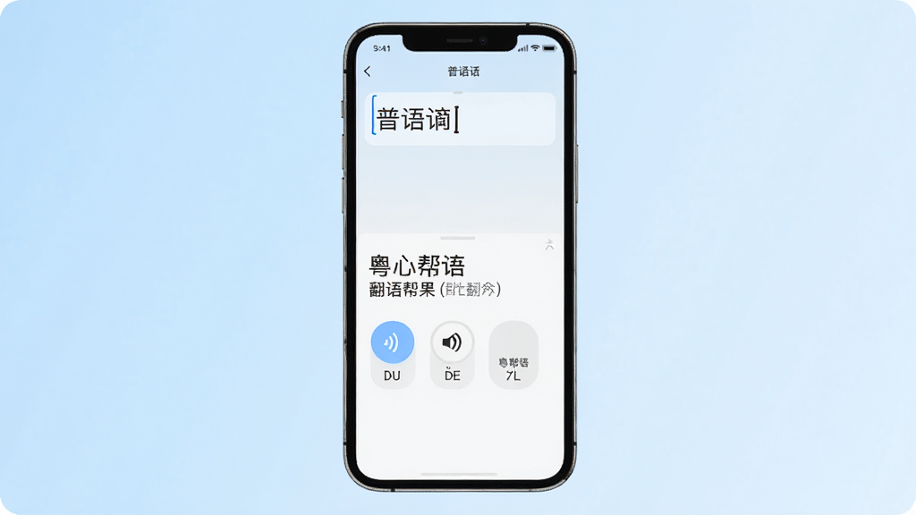 一张展示粤语帮手翻译功能界面的手机样机图,画面中央手机屏幕分为上下两栏,上栏为普通话输入框,下栏为粤语翻译结果展示区,结果区有发音按钮和拼音标注,背景为浅蓝色渐变,风格简洁现代,细节清晰,画质干净,无多余元素