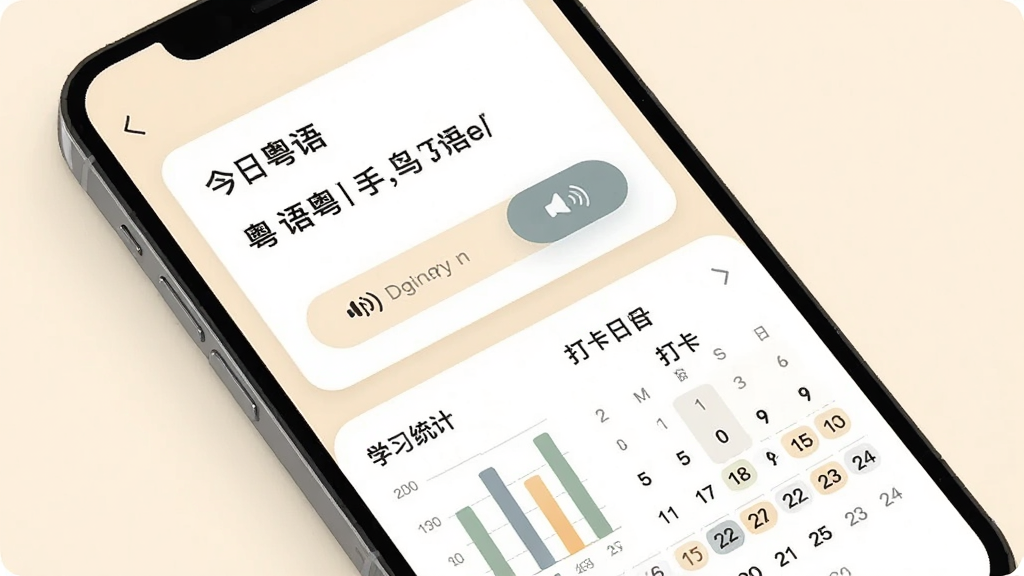 一张展示粤语帮手每日一句和学习记录界面的手机样机图,画面中手机屏幕上半部分显示“今日粤语”卡片,卡片内有句子和发音按钮,下半部分显示学习统计图表和打卡日历,背景为柔和的米白色,风格温馨简洁,排版清晰,画质干净,无多余元素