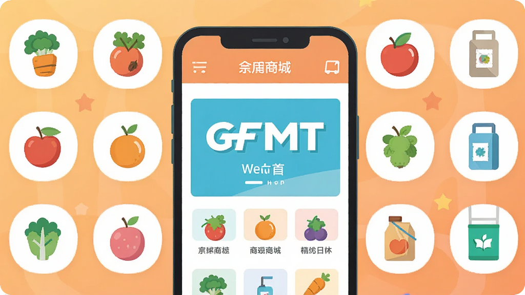 一张扁平化风格的插画,画面主体是一个手机屏幕,屏幕内显示GFMT商城首页,周围环绕着蔬菜、水果、日用品等小图标,背景为浅橙色渐变,排版居中,风格清新明快,细节丰富,画质干净,无多余元素