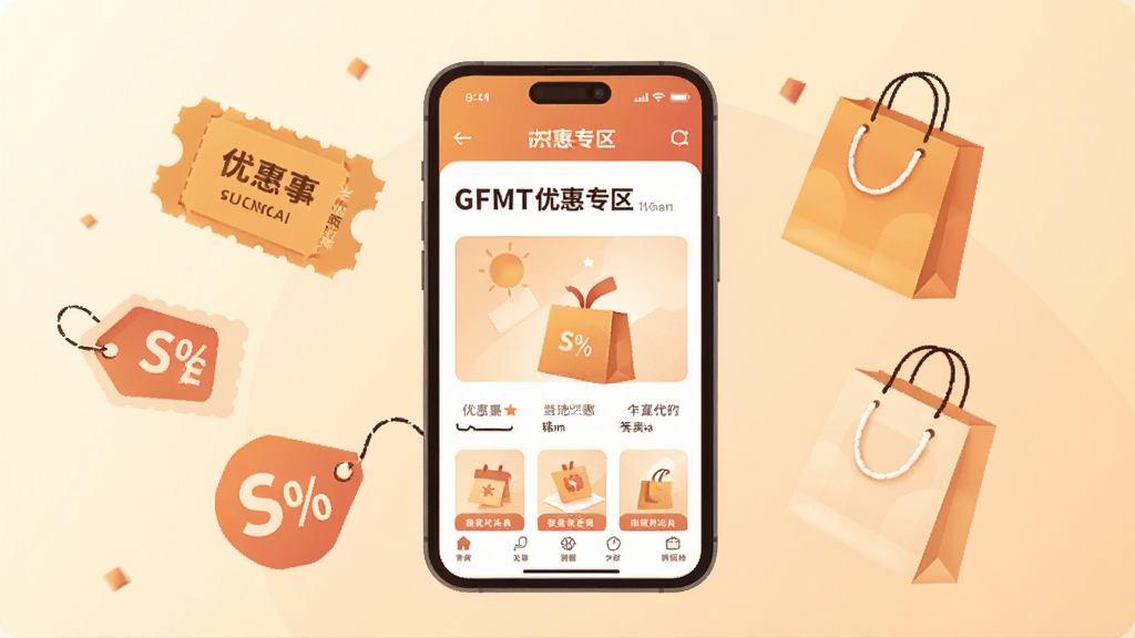 一张购物优惠场景的插画,画面中央是一部手机,屏幕显示GFMT优惠专区页面,手机周围漂浮着优惠券、折扣标签和购物袋元素,背景为柔和暖色调,布局均衡,风格现代简约,细节清晰,画质干净,无多余元素