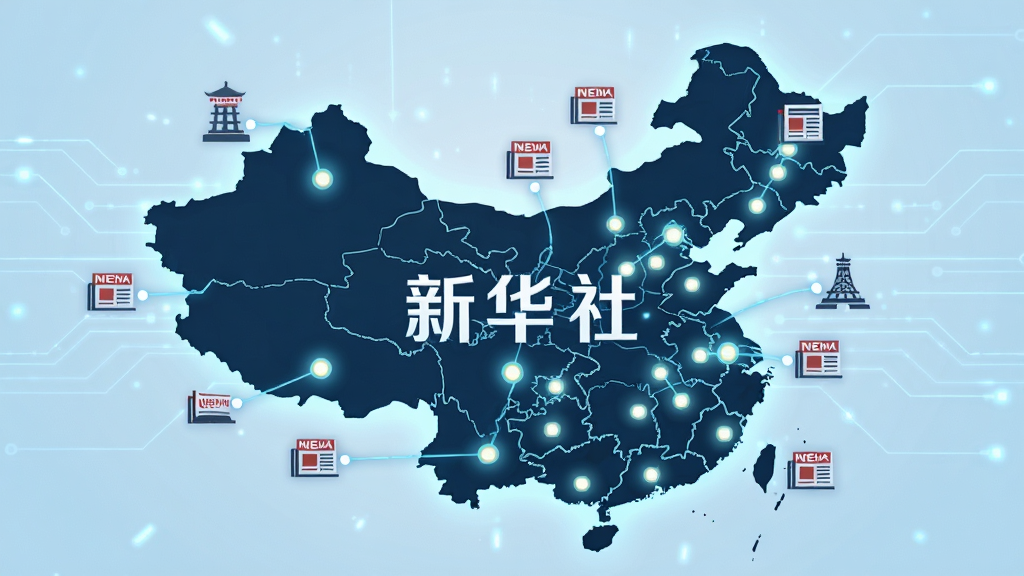 中国地图轮廓上分布着多个发光节点,每个节点连接着不同城市的新闻图标,背景是淡蓝色科技感线条,画面中央有