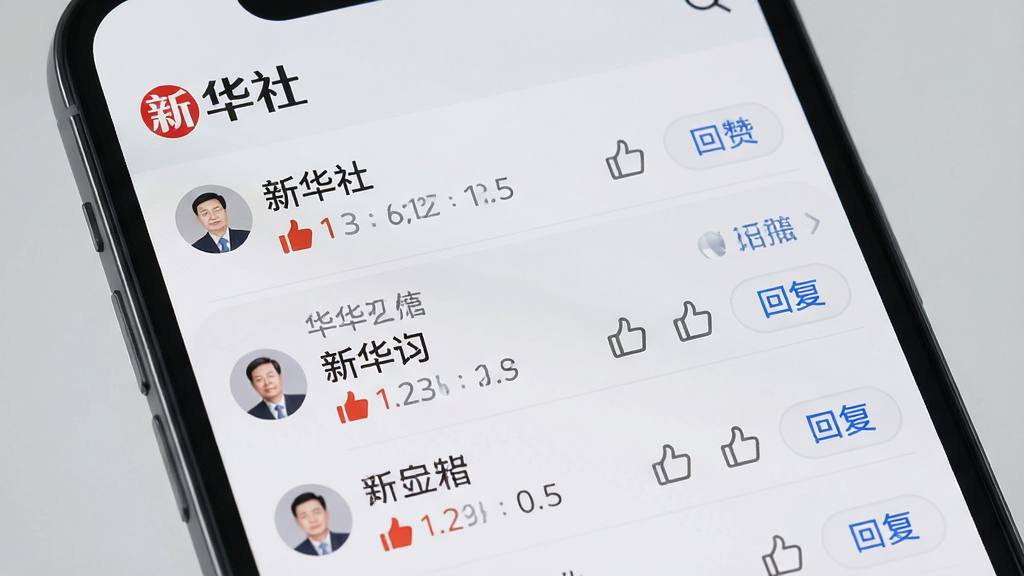 手机界面展示新华社新闻评论区,多条用户留言整齐排列,带有点赞图标和回复按钮,页面顶部有