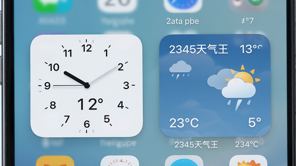 一张展示2345天气王桌面小组件效果的预览图,主体为手机桌面场景,画面中包含时钟小组件与天气小组件,天气组件上显示“2345天气王”文字与温度信息,布局自然,排版贴近真实桌面,风格为现代生活风,细节包含图标与日期,画质清晰,干净无多余元素