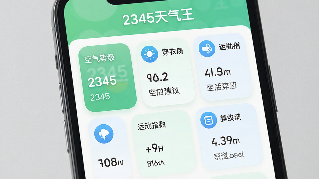 一张展示2345天气王空气质量与生活指数卡片的界面图,主体为手机屏幕,画面中排列多个圆角卡片,分别显示空气质量等级、穿衣建议、运动指数等,卡片上方带“2345天气王”文字,布局网格化,排版整齐,风格为柔和圆角清新风,细节包含绿色与蓝色图标,画质清晰,无多余装饰