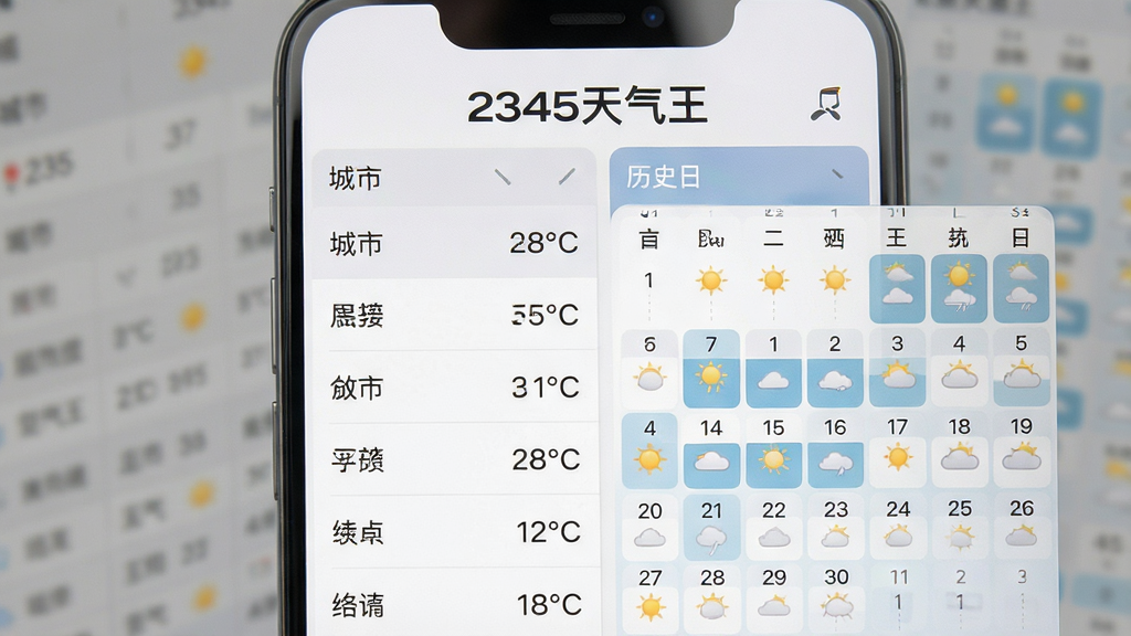 一张展示2345天气王多城市管理与历史天气查询界面的预览图,主体为手机屏幕,画面中显示城市列表与历史天气日历视图,顶部带“2345天气王”文字标识,布局分栏清晰,排版有序,风格为浅灰质感简约风,细节包含城市名称与温度数字,画质干净,无多余元素