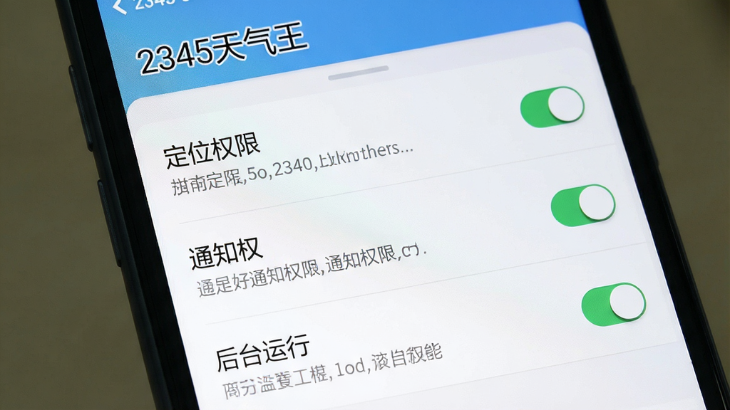 一张展示2345天气王在手机设置中权限管理界面的预览图,主体为手机屏幕,画面中显示定位权限、通知权限、后台运行等设置项,顶部带“2345天气王”文字标识,布局为列表式,排版清晰,风格为系统设置原生风,细节包含开关按钮与文字说明,画质干净,无多余元素