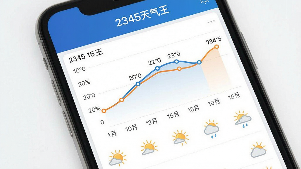 一张展示2345天气王15天天气预报趋势的界面图,主体为手机屏幕,画面中显示气温折线图与天气图标列表,顶部带“2345天气王”文字标识,布局纵向排列,排版规整,风格为简约商务风,细节包含蓝橙双色曲线与日期标注,画质清晰,干净无杂乱元素