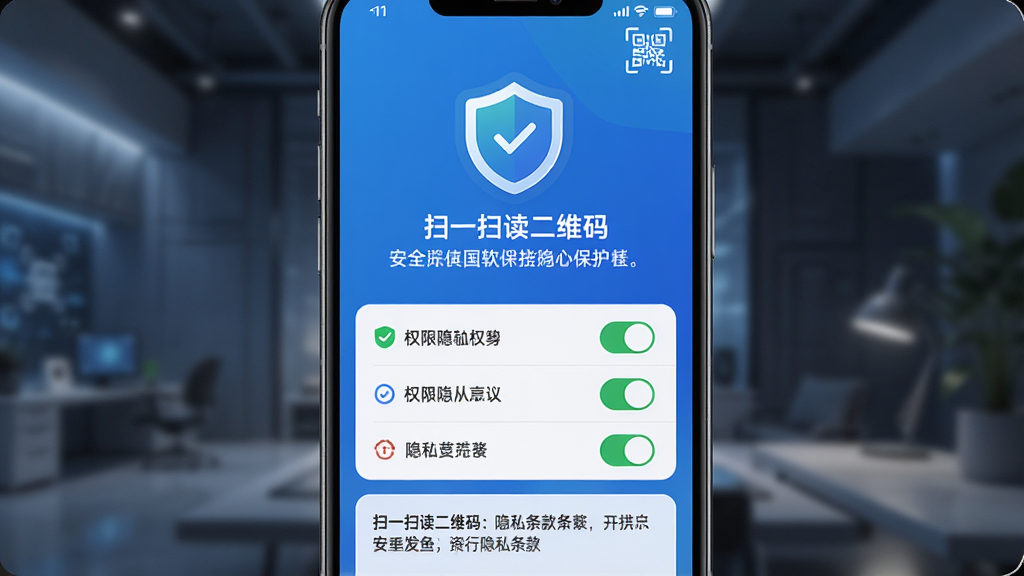 画面主体是扫一扫读二维码软件的安全隐私保护界面,手机屏幕显示盾牌图标和权限说明文字,布局为居中对称构图,排版突出安全主题,风格为可信赖的科技感,细节包括绿色安全标识、权限开关列表、隐私条款摘要,画面中可加入文字