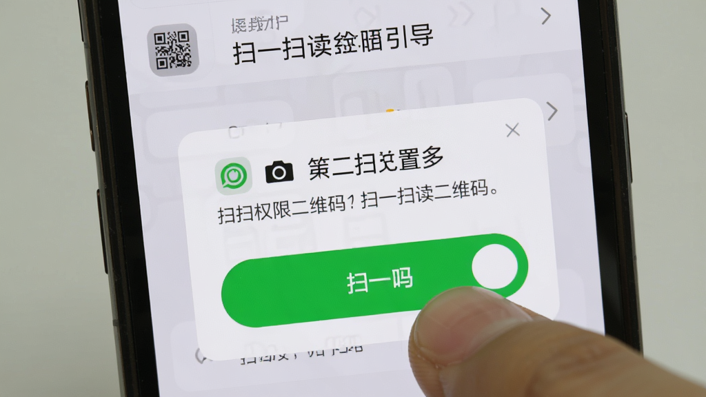 画面主体是扫一扫读二维码软件在手机上的权限设置引导页面,手机屏幕显示相机权限开启提示,布局为手机正面特写,排版突出权限开关按钮,风格为教程指引类截图,细节包括手指点击屏幕的动作、权限弹窗文字、设置图标,画面中可加入文字