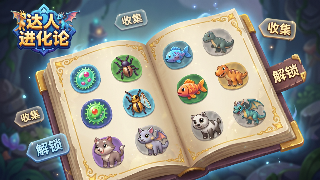画面中央是一本展开的发光图鉴书,书页上整齐排列着各种卡通生物图标,包括单细胞生物、昆虫、鱼类、恐龙、哺乳动物和幻想龙等,部分图标呈彩色已解锁状态,部分为灰色剪影,图鉴书周围漂浮着“达人进化论”游戏logo与“收集”“解锁”文字标签,布局采用俯视角度,风格为魔法奇幻插画,细节包括书页边缘的金色纹路、生物图标的立体感、柔和的背景光,画质高清干净,无多余元素