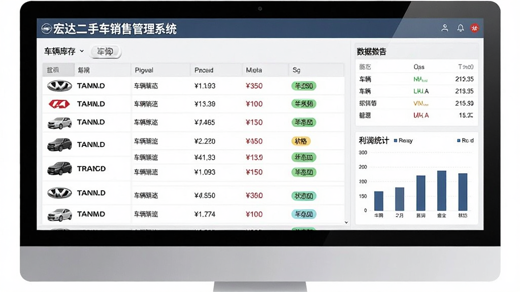 宏达二手车销售管理系统车辆进销存管理功能界面,主体为电脑屏幕展示车辆库存表格与利润统计图,布局左侧为车辆列表右侧为数据汇总,排版清晰有序,风格为商务办公风,细节包含车辆品牌标识、价格数字、状态标签,画质高清干净无多余元素