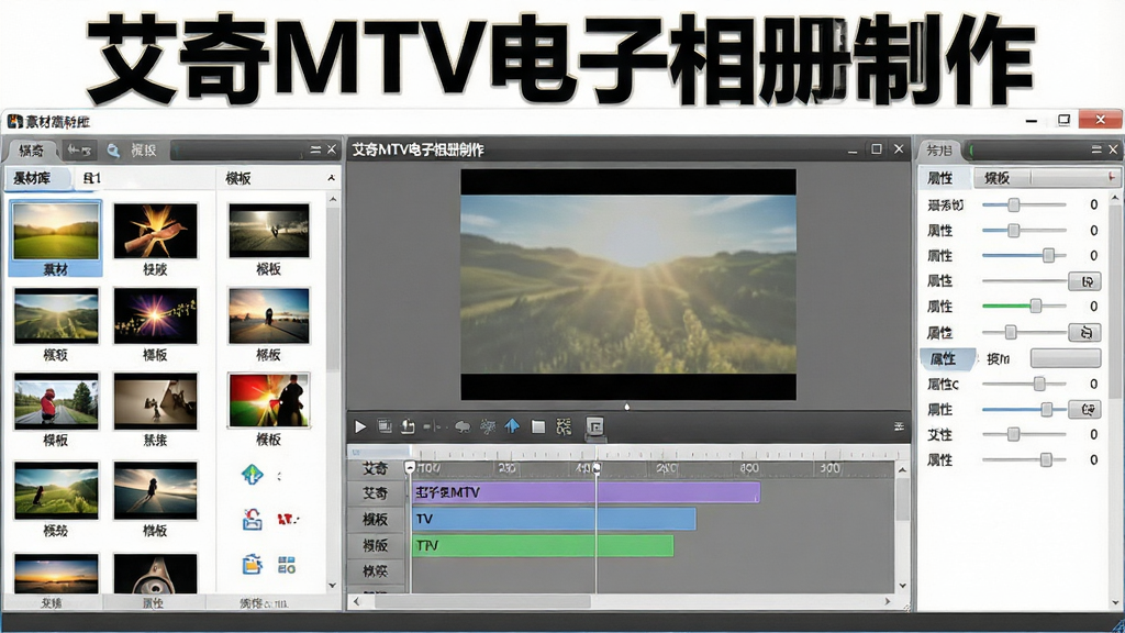 һ�ſ������������ͼ����������չʾ������MTV������������������������棬���Ϊ�زĿ���ģ���б����м�Ϊʱ������Ԥ�����ڣ��Ҳ�Ϊ���Ե�����壬�����Ϸ�����Ŀ�������������֡�����MTV������������������岼�������Գƣ����Ϊ�ִ���ƽ������UI��ϸ�ڰ�������ͼ����ť������ȿؼ������������ɾ����޶���Ԫ��