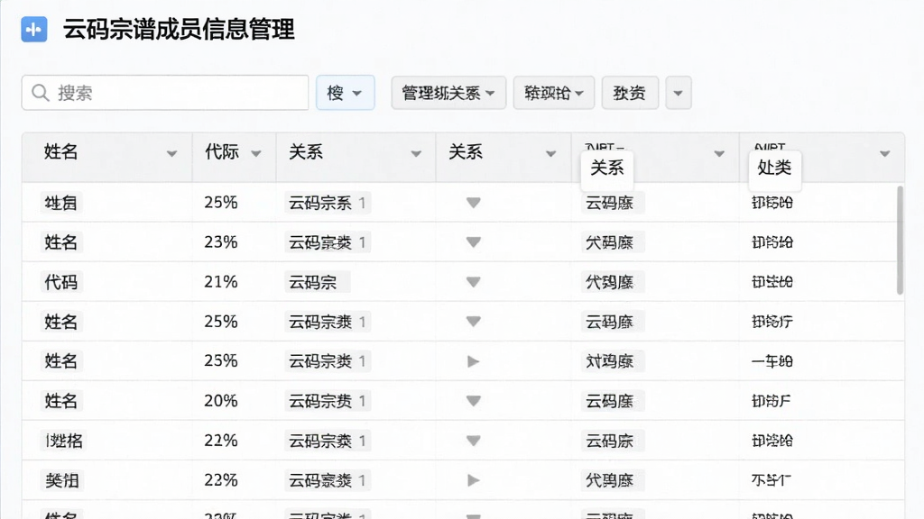一张云码宗谱成员信息管理界面的图片,画面展示表格化的成员列表,包含姓名、代际、关系等字段,界面布局整齐,风格为清爽的数据管理软件界面,细节包含搜索框与分类标签,画质清晰干净,无多余元素