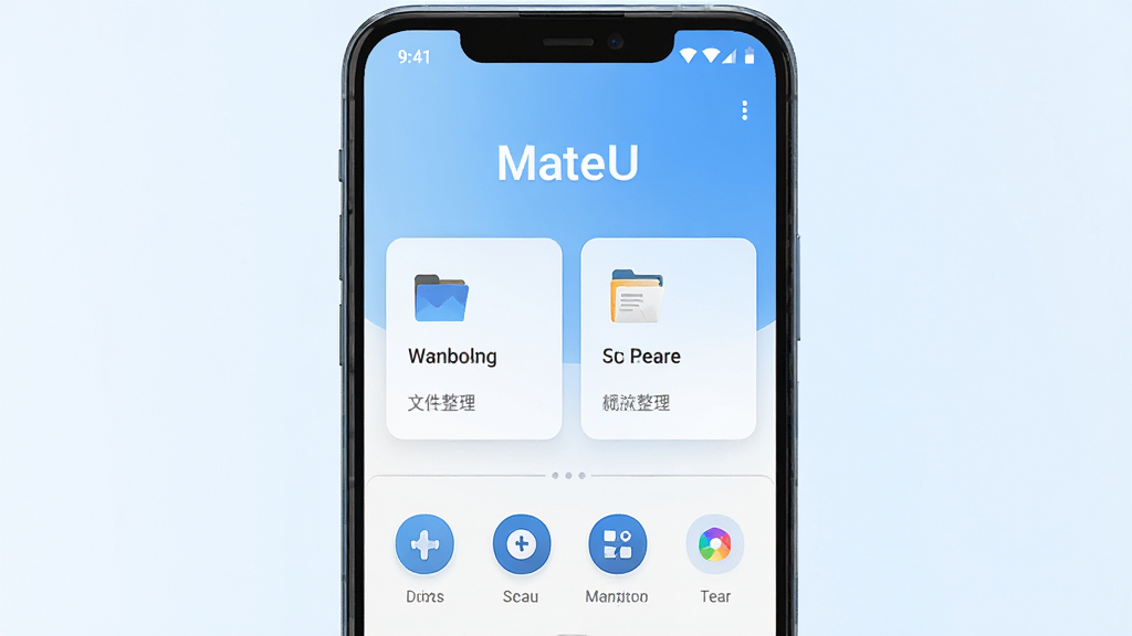 主体为一部安卓手机屏幕,屏幕中央展示“MateU”应用主界面,界面包含文件整理卡片与快捷工具图标,布局为居中对称,排版简洁清晰,风格为现代科技感扁平化设计,细节包含浅蓝色渐变背景、圆角图标、细线条分隔,画质高清,干净,无多余元素