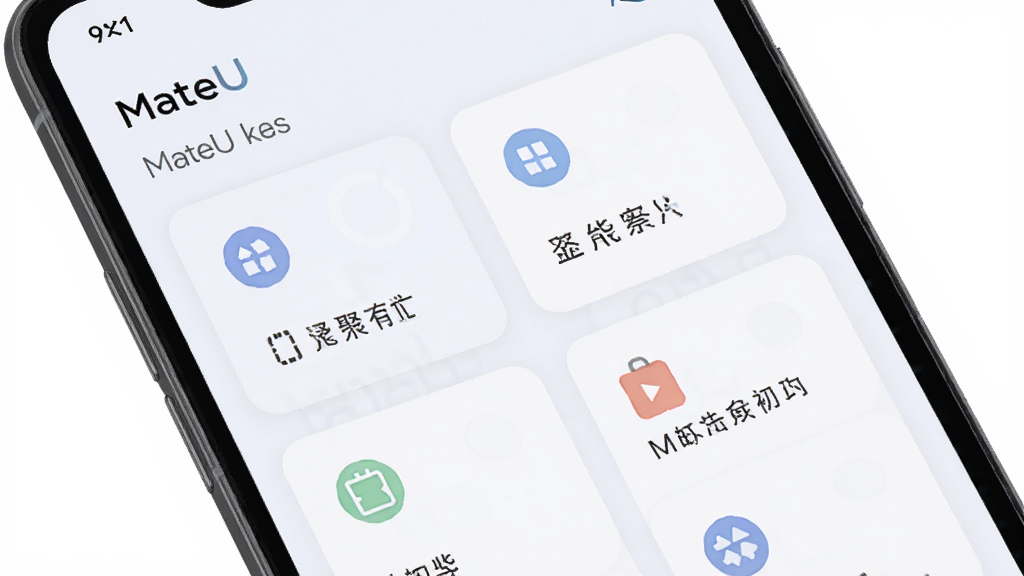 主体为手机屏幕展示“MateU”功能聚合页面,页面中有多个功能卡片依次排列,布局为上下结构,排版整齐,风格为浅色系扁平UI,细节包含卡片圆角、图标简洁、文字清晰,画质高清,干净,无多余元素