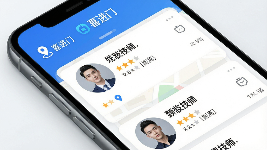 һ��չʾϲ����App�����Ƽ���ʦ���ܵĳ���ͼ����������Ϊ�ֻ���Ļ��д����Ļ����ʾ������ʦ�б���ÿλ��ʦ����ͷ�������������Ϣ�����ֲ��öԽ��߹�ͼ�����Ϊ��ˬ�Ƽ��У�ϸ�ڰ�����ͼ��λͼ���롰ϲ���š�Ʒ�Ʊ�ʶ�����ʸ��壬�ɾ����޶���Ԫ��