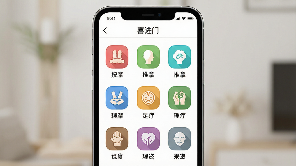 һ��չʾϲ����App������Ŀ����ҳ����ֻ�����ͼ����������Ϊ�ֻ���Ļ����Ļ����������ʽ���а�Ħ�����á����ơ����Ƶȷ���ͼ�꣬����Ϊ���жԳƣ����Ϊ���¼�Լ��ϸ�ڰ�����ɫ����ͼ���롰ϲ���š����������������ʸ��壬�ɾ����޶���Ԫ��