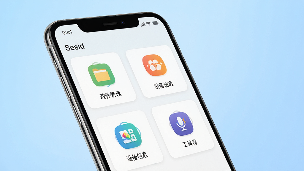 一张展示SesidApp手机应用界面的图片,主体为一部竖屏安卓手机,屏幕中显示SesidApp主界面,包含文件管理、设备信息、快捷工具等图标模块,布局简洁清晰;背景为浅蓝色渐变,风格现代科技感;细节上手机边缘有轻微反光,界面图标色彩鲜明;画质高清,干净,无多余元素