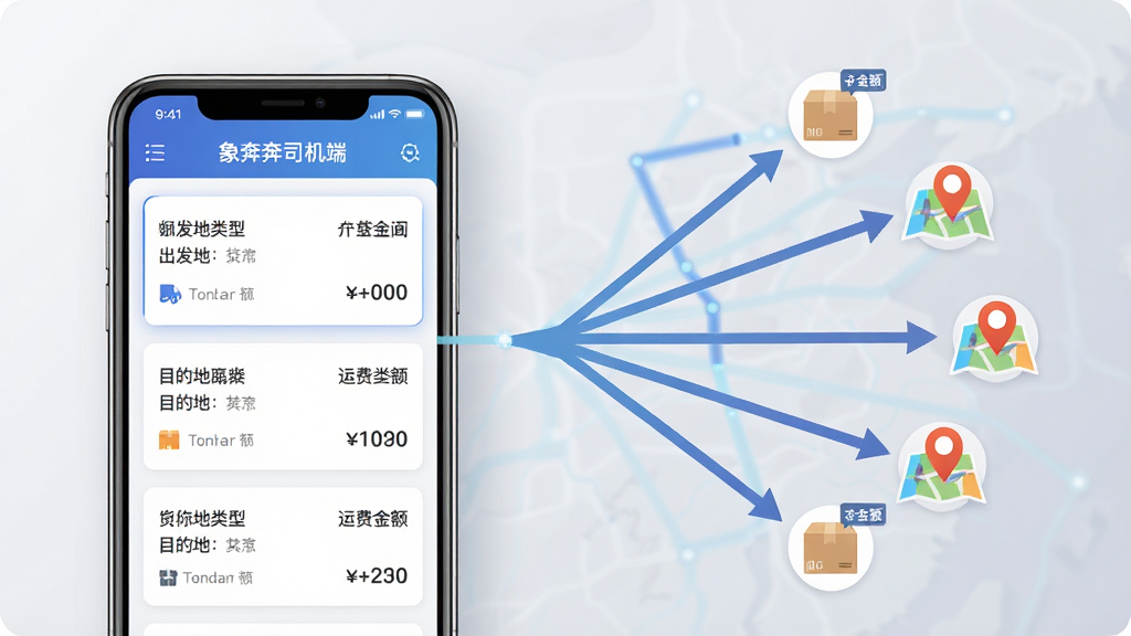 一张横向构图的应用界面展示图,左侧为手机屏幕显示“象奔奔司机端”的货源列表,列表中包含出发地、目的地、货物类型和运费金额;右侧以发散状箭头连接多个货物图标和地图定位点,表现智能推送的扩散效果。风格为扁平化UI展示图,细节包括列表卡片的高光边缘、地图上的路线轨迹、货物图标的小标签。背景为浅灰色渐变,画面干净整洁,无多余元素,画质为高清2D渲染。