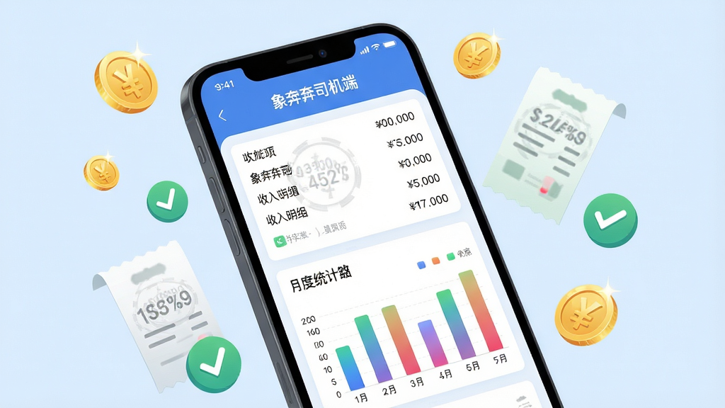 一张展示“象奔奔司机端”收入结算页面的手机界面图,屏幕中央显示收入明细列表和月度统计柱状图,周围漂浮着金币、账单、对勾符号等元素。布局为居中构图,手机略微倾斜展示。风格为清新商务插画风,细节包括柱状图的渐变色、账单上的数字水印、金币的光泽质感。背景为淡蓝色,画面干净整洁,无多余元素,画质为高清矢量图。