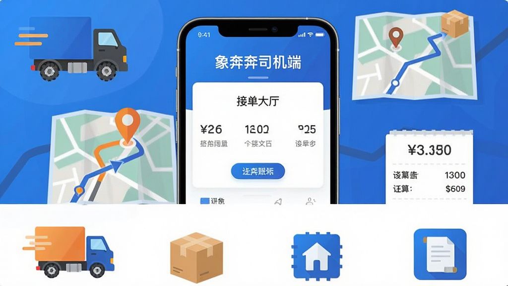 画面中央是一部智能手机,屏幕上清晰展示着“象奔奔司机端”的接单大厅界面,周围环绕着货车、地图导航路线、货物包裹和结算账单等扁平化图标。整体布局采用上下分层结构,上半部分为手机主体与界面特写,下半部分排列功能图标。风格为现代科技感与物流行业结合的插画风,细节包括货车轮胎纹理、地图上的定位光点、账单上的数字符号。整体色调以蓝色和橙色为主,画面干净整洁,无多余元素,画质为高清矢量渲染,适合作为软件宣传预览图。
