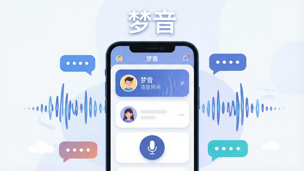一张展示手机屏幕中语音社交应用界面的插画,主体是一部竖屏智能手机,屏幕内呈现
