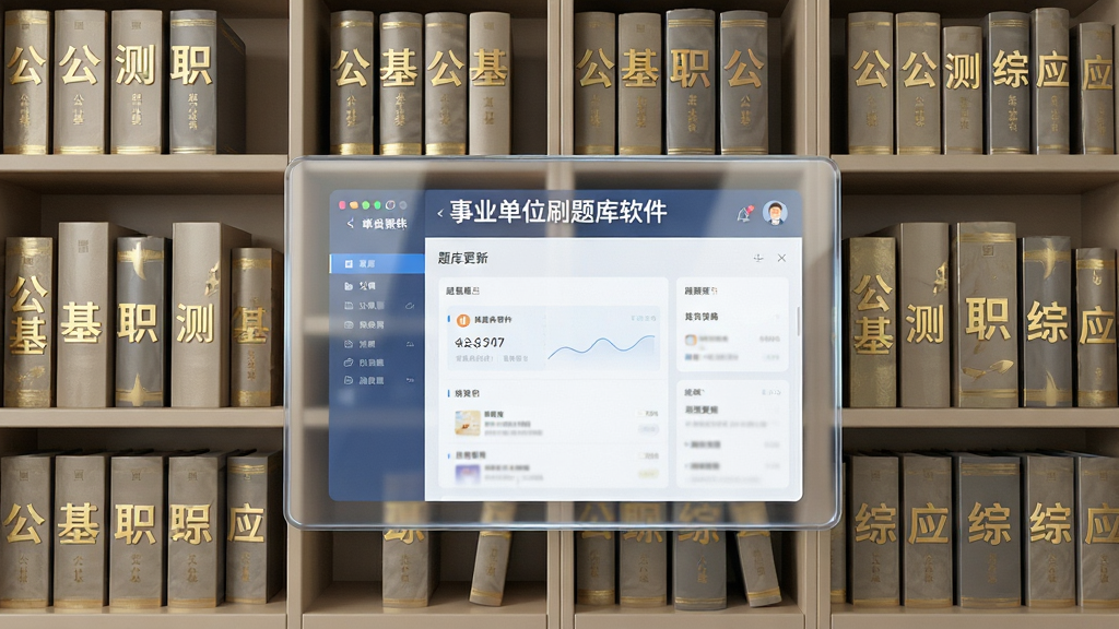 画面展示一个巨大的虚拟书架,书架上整齐排列着标注“公基”“职测”“综应”等字样的书籍,书架前方悬浮着一块透明屏幕,屏幕上显示“事业单位刷题库软件”的题库更新界面,布局采用对称式构图,风格为现代简约3D渲染,细节上书籍有烫金文字,屏幕有微光反射,画质为超清,干净无多余元素