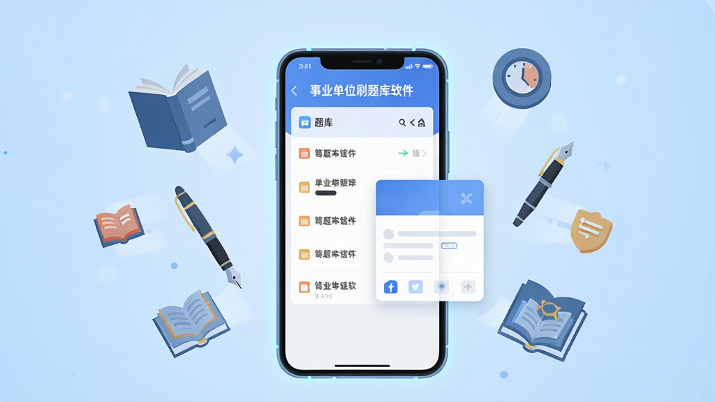 画面中央展示一部智能手机,手机屏幕亮起,显示一款名为“事业单位刷题库软件”的APP界面,界面内有题库列表和答题卡元素,手机周围环绕着漂浮的书本、钢笔、时钟和知识图标,布局采用居中构图,背景为浅蓝色渐变,风格为扁平化科技插画,细节上手机边框有微光效果,图标清晰,画质为高清4K,干净无多余元素