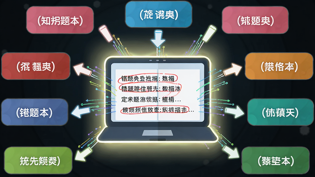 画面中央是一个发光的笔记本图标,笔记本页面显示错题列表和红色标记,周围有箭头指向不同知识分类标签,布局采用放射状构图,风格为扁平化信息图,细节上错题本边缘有数据流动线条,标签颜色各异,画质为高清,干净无多余元素