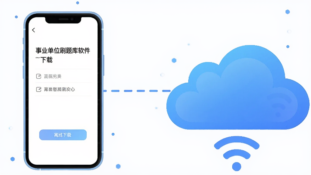 画面中央是一部手机和一个云朵图标,手机与云朵之间有一条虚线连接,手机屏幕显示“事业单位刷题库软件”的离线下载界面,云朵下方有WiFi符号,布局采用左右对比构图,风格为扁平化科技插画,细节上云朵有渐变蓝色,手机边框圆润,画质为高清,干净无多余元素