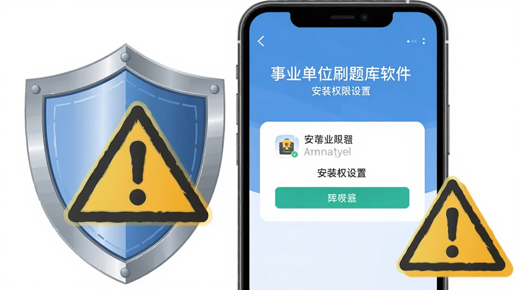 画面展示一部手机屏幕显示“事业单位刷题库软件”的安装权限设置界面,旁边有盾牌图标和警告三角图标,布局采用左右分栏,风格为扁平化安全提示插画,细节上盾牌有金属光泽,警告三角为黄色,画质为高清,干净无多余元素