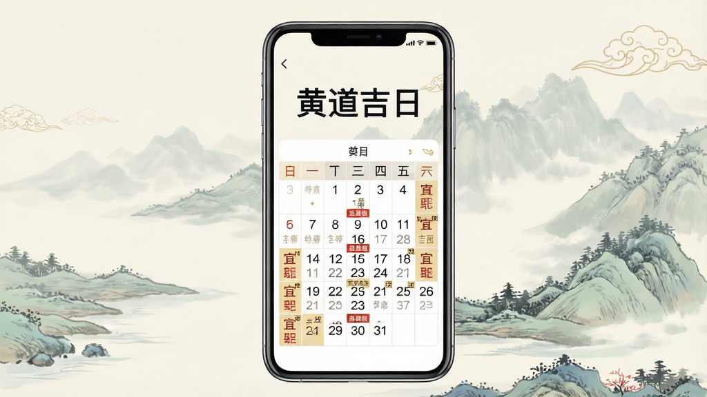 一张手机应用界面展示图,画面中央放置一台智能手机,手机屏幕上显示“黄道吉日”四个大字以及日历界面,日历上标注了宜忌信息,背景为淡雅的中国风山水画元素,整体布局简洁清晰,排版居中,风格为现代扁平化与中国传统元素结合,细节上日历数字清晰、宜忌文字工整,画质高清,干净,无多余元素。