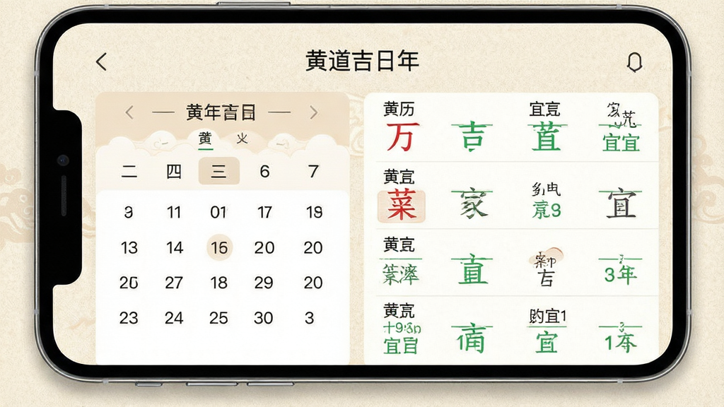 一张展示“黄道吉日”软件核心功能的界面图,画面主体为手机屏幕,屏幕上显示万年历和黄历宜忌内容,左侧为日期选择区域,右侧为宜忌列表,背景采用浅米色纹理,布局为左右分栏式,风格为清新简约的移动应用界面,细节上宜忌文字用红色和绿色区分,画质高清,干净,无多余元素。