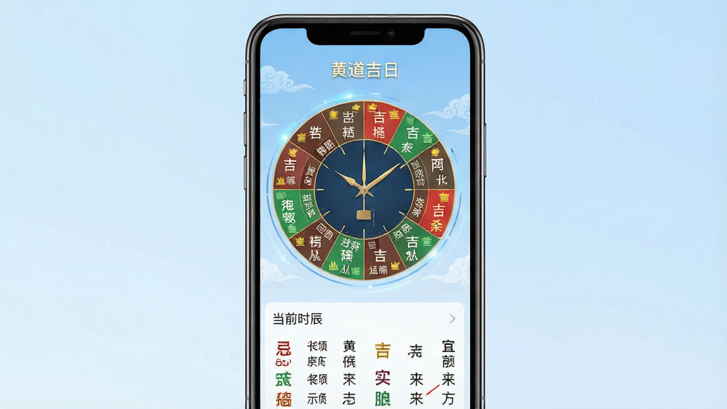 一张展示“黄道吉日”软件吉时查询功能的界面图,画面中央为手机屏幕,屏幕上以圆形时钟形式展示十二时辰,每个时辰标注吉凶颜色,下方列出当前选中时辰的宜忌详情,背景为淡蓝色渐变,布局为上下结构,风格为现代科技感与中国传统时辰文化结合,细节上时辰文字清晰、颜色区分明显,画质高清,干净,无多余元素。