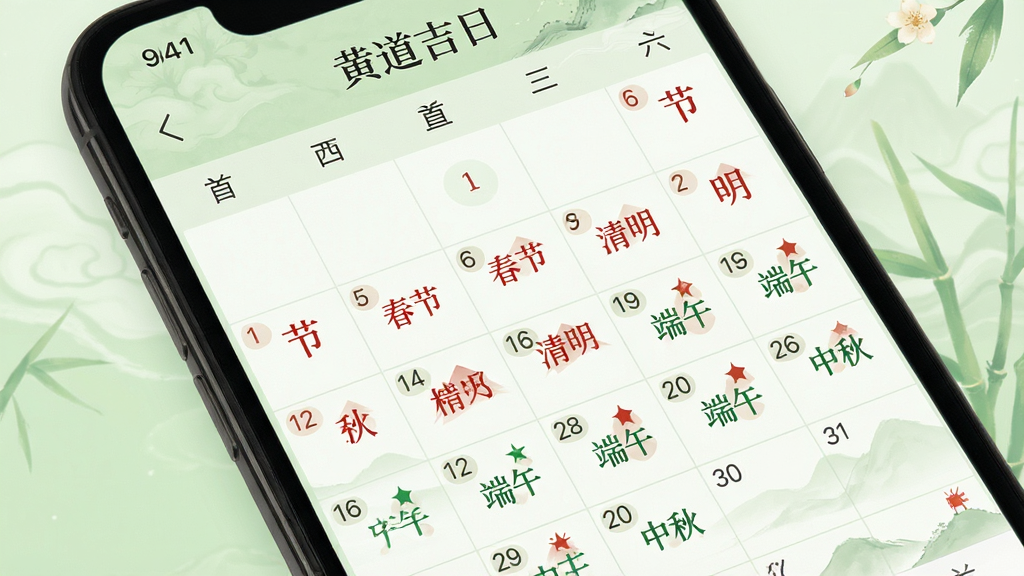 一张展示“黄道吉日”软件节日节气提醒功能的界面图,画面为手机屏幕,屏幕上显示月历视图,日期格内标注了春节、清明、端午、中秋等节日和节气名称,背景为淡绿色自然风格,布局为传统月历排列,风格为清新典雅的日历应用界面,细节上节日文字用红色标注、节气用绿色标注,画质高清,干净,无多余元素。